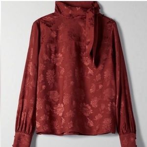 Aritzia Wilfred Cecile Silk Jaquard Bow Collar Blouse Long Sleeve Red Crimson